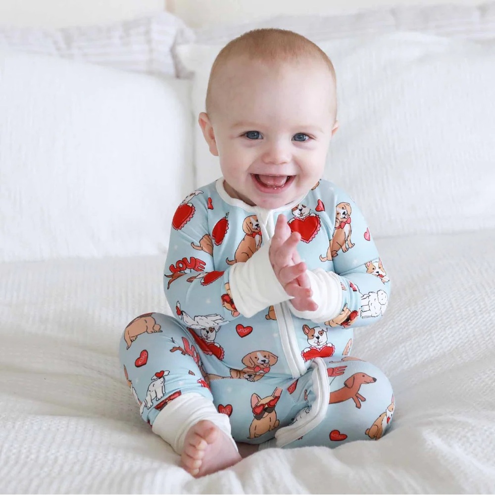 Adorable Blue Baby One Piece with Puppy Print Caden Lane